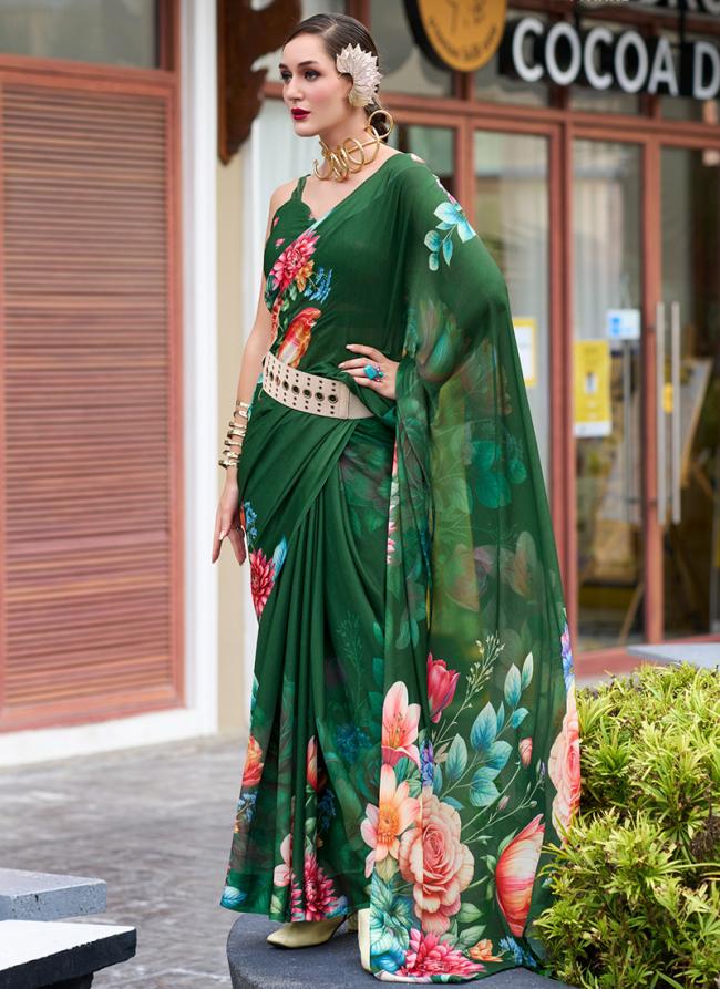 Georgette Green Festival Wear Printed Saree